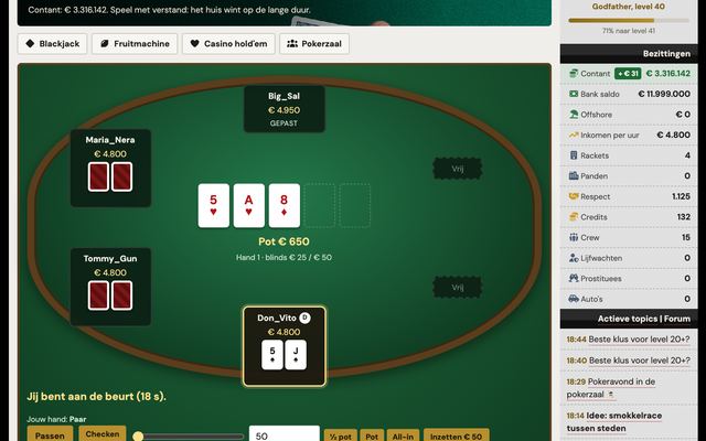 Texas hold'em zonder limiet tegen andere spelers, met een klok per zet.