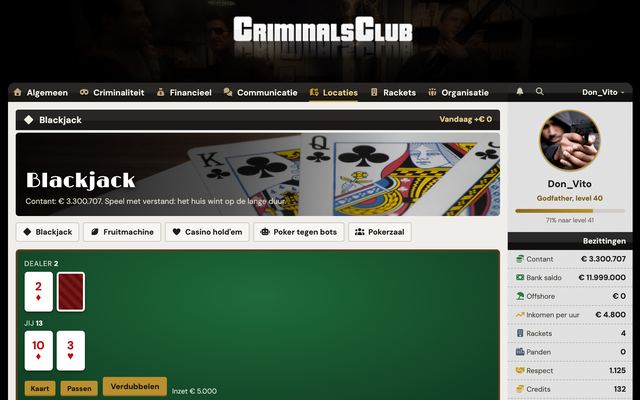 Blackjack, de fruitmachine en Casino hold'em tegen de dealer.